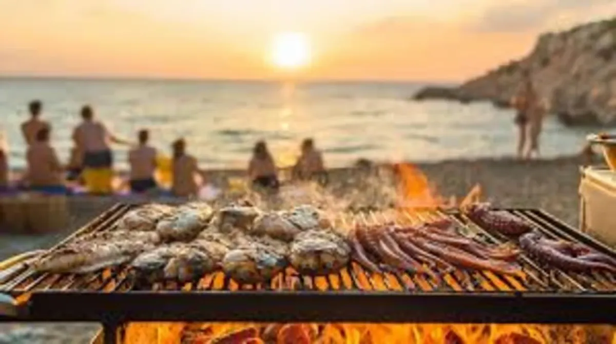 Grilled-fish BBQ on the beach at sunset